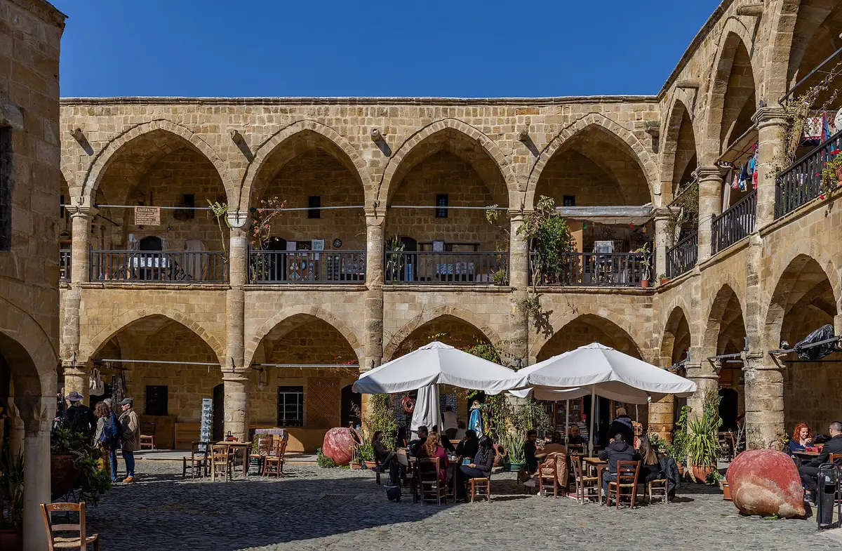 The arcaded courtyard of the Büyük Han in the old town of Nicosia